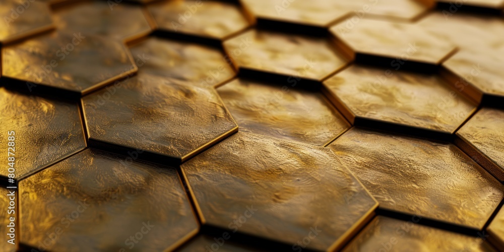 Poster a close up of a gold colored hexagonal tile pattern