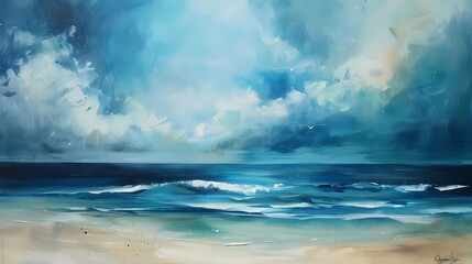 Obraz premium Digital painting of a seascape with clouds and sea waves, Generative AI illustrations.