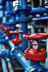 A row of red and blue valves are shown