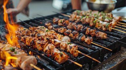 Delicious BBQ Kebab Grilling Outdoors: Food Festival Delights
