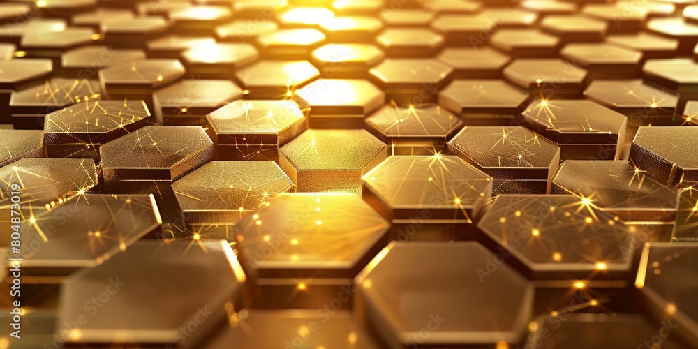 Poster hexagonal splendor: a mesmerizing close-up of a gleaming gold tile pattern, showcasing geometric bea