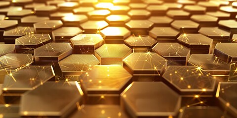 Obraz premium Hexagonal Splendor: A Mesmerizing Close-Up of a Gleaming Gold Tile Pattern, Showcasing Geometric Beauty