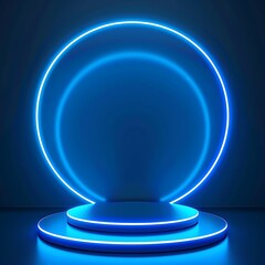 Blue realistic 3d cylinder stand podium with glowing blue neon in circle shape. Abstract 3D Rendering geometric forms. Minimal scene. Stage showcase, Mockup product display. Generative Ai