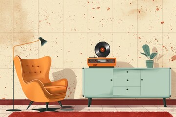 A room with a chair and a record player