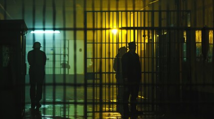 Fototapeta premium A night scene in a prison cell block, with guards performing a security check under the harsh light of the facility
