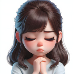 Fototapeta premium Asian cartoon character girl, young women portrait, female, sad mood, feeling expression concept, eyes close, 3d style, isolated on a white background