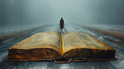 Journey of Knowledge: Surrealistic Path Leading to Wisdom，Teacher's Day, Surrealism, a book extends into a road, with the back of a person walking on the road