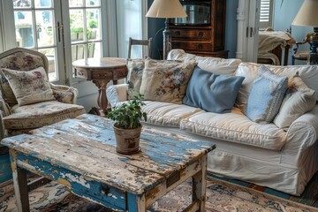 Shabby coffee table situated between sofa and chairs