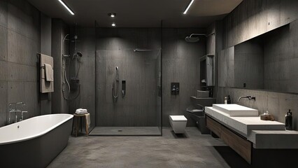 Modern bathroom interior with shower and mirror using an industrial concept