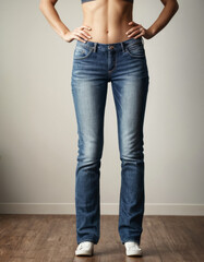 Weight loss concept with slim fit woman trying an old pair of her extra large jeans