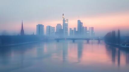 Blurred view of Frankfurt am Main skyline and river. Generative Ai