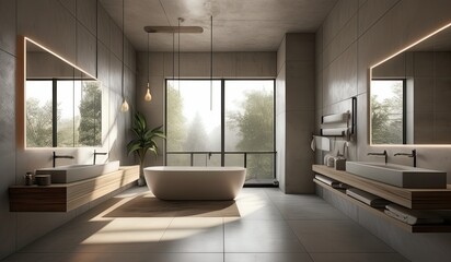 Modern bathroom interior with shower and mirror using an industrial concept
