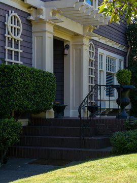 Entrance to a Victorian style wooden mansion in Vancouver, BC