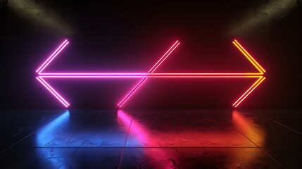 Bright neon right arrows on a black background. 3D rendering of glowing neon arrows on a black...