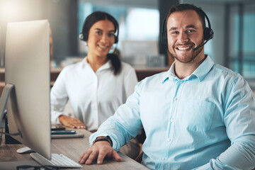 Business people, call centre team and telemarketing with headphones for customer service and tech...