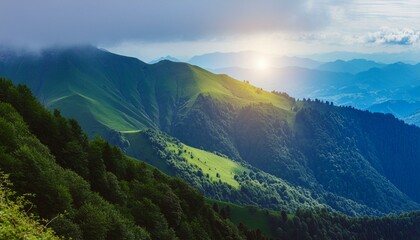 green mountain with fog and sunrise twilight sky at background