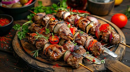 Juicy Grilled Meat Skewers with Fresh Vegetables on Rustic Wooden Board - Tempting Food Photography
