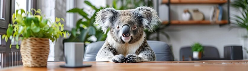A koala as a stress management coach, promoting relaxation and mindfulness techniques in a corporate wellness center