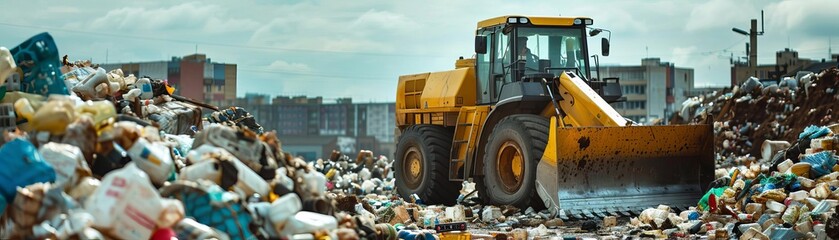 A large yellow bulldozer is clearing a pile of garbage at a landfill.