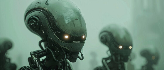 a group of robots with glowing yellow eyes. They appear to be in a dark, foggy environment. The robots are all looking in the same direction