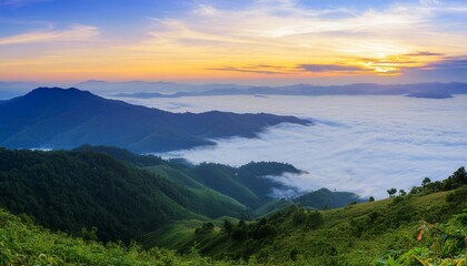 Obraz premium green mountain with fog and sunrise twilight sky at background