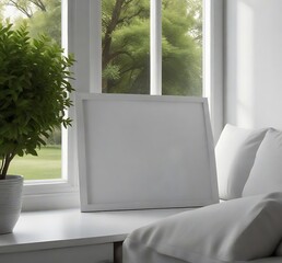 Blank picture in frame in loft interior with big window and plant