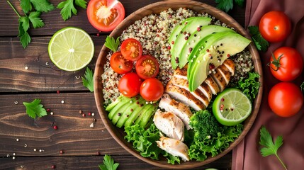 Fresh Quinoa Salad: Vibrant Mix of Greens, Chicken, Avocado, and Tomatoes on Wooden Background –...