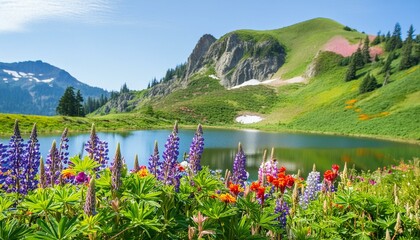 green mountain with fog and sunrise twilight sky at background