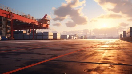 Deserted cargo handling area in a seaport, all machinery idle, late afternoon light,