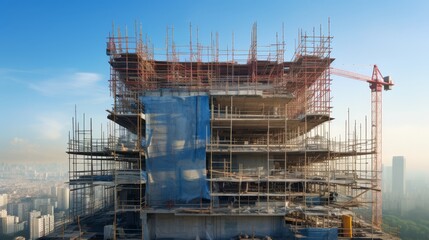 Partially constructed high-rise building with visible scaffolding, urban skyline in the background,