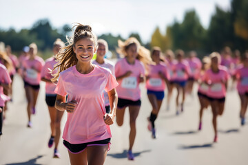 portrait of a cute girl running in a marathon, smiling and  wearing a pink t-shirt. Concept o charity race 
