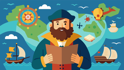 An eccentric collector with a love for all things nautical showcasing a beautifully detailed map of ancient sea routes and recounting epic adventures. Vector illustration