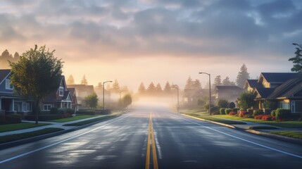Obraz premium Quiet suburban road leading to a distant transportation hub, no cars, early morning dew visible,