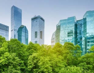 green city - double exposure of lush green forest and modern skyscrapers windows.
