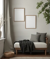 White blank canva frame in rustic home room
