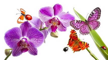 Closeup of a purple orchid with butterflies and ladybug isolated on white. Generative Ai