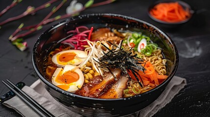 Steaming Japanese Ramen Bowl on Dark Background: Delicious Commercial Promotional Food