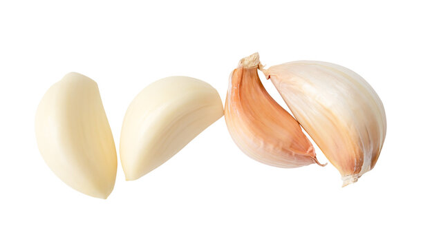 Top view set of peeled and unpeeled garlic cloves isolated with clipping path in png file format