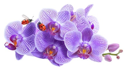 Closeup of a purple orchid with butterflies and ladybug isolated on white. Generative Ai