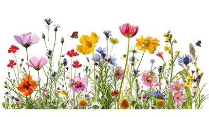 Colorful meadow and garden flowers with insects, isolated on white. Generative Ai