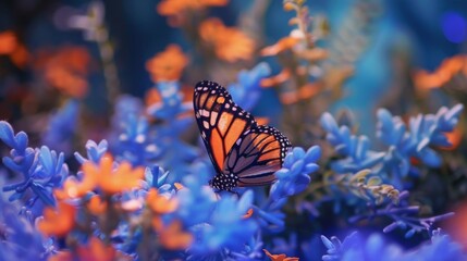 Close-up of a Monarch butterfly in a whimsical fairy garden, its wings contrasting beautifully against blue foliage and bright flowers