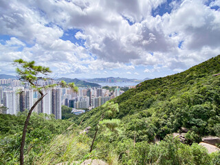 Fototapeta na wymiar Urban Oasis: Skyline Meets Lush Greenery Under Cloudy Skies, Hong Kong