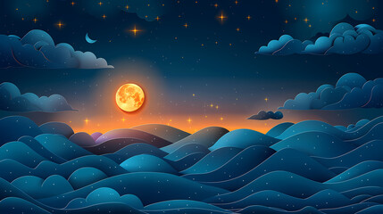 Obraz premium night sky with stars and moon. paper art style. Dreamy background with moon stars and clouds, abstract fantasy background. Half moon, stars and clouds on the dark night sky background