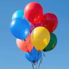 A bunch of colorful balloons floating in the blue sky. - obrazy, fototapety, plakaty