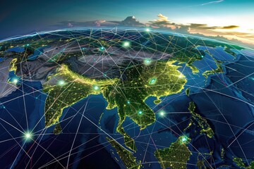 Illustrative depiction of a global network with vibrant connection lines across the continents on a detailed Earth map, highlighting global connectivity. - obrazy, fototapety, plakaty