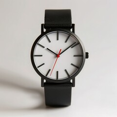 A minimalist watch with a white dial, black leather strap, and red second hand.