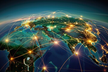 Illustrative depiction of a global network with vibrant connection lines across the continents on a detailed Earth map, highlighting global connectivity. - obrazy, fototapety, plakaty