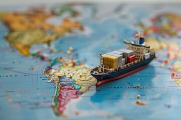 A detailed miniature cargo ship loaded with containers, positioned on a world map, representing global trade and shipping routes. - obrazy, fototapety, plakaty