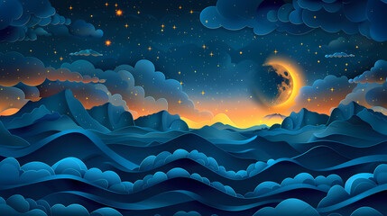 night sky with stars and moon. paper art style. Dreamy background with moon stars and clouds, abstract fantasy background. Half moon, stars and clouds on the dark night sky background