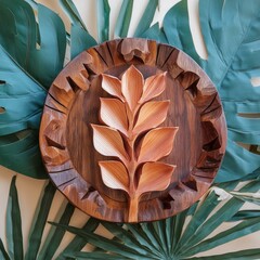 a charming wooden wall decor piece featuring a tropical flower as the focal point, evoking the enchanting allure of tropical gardens. The composition incorporates natural wood textures and vibrant flo - obrazy, fototapety, plakaty